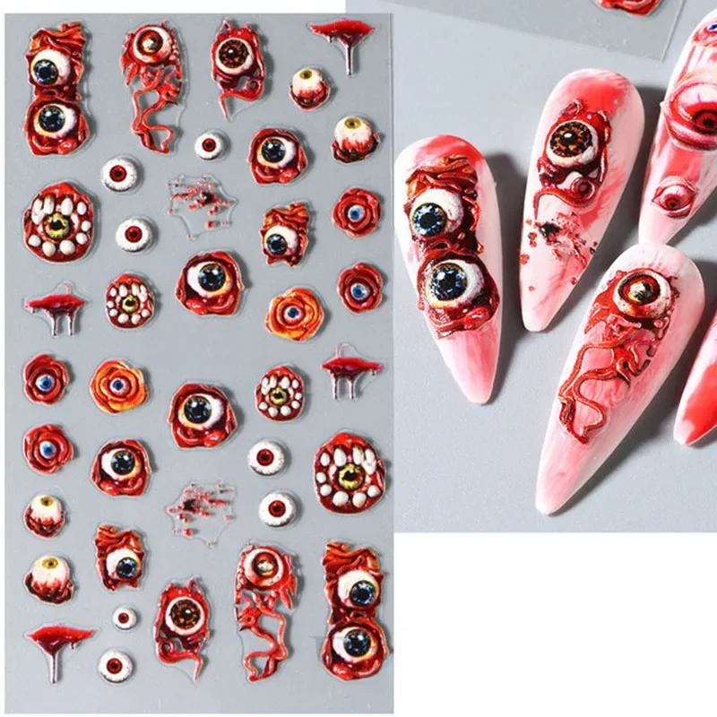 5D Halloween Blood Eye Bones Nail Art Horror Augapfel kull Relief Dreidimensionale Nagelaufkleber