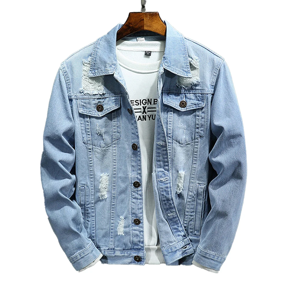 Men's Light Blue Denim Jacket Vintage Jean Jacket Casual Button Up Jacket Classic Streetwear Spring Autumn