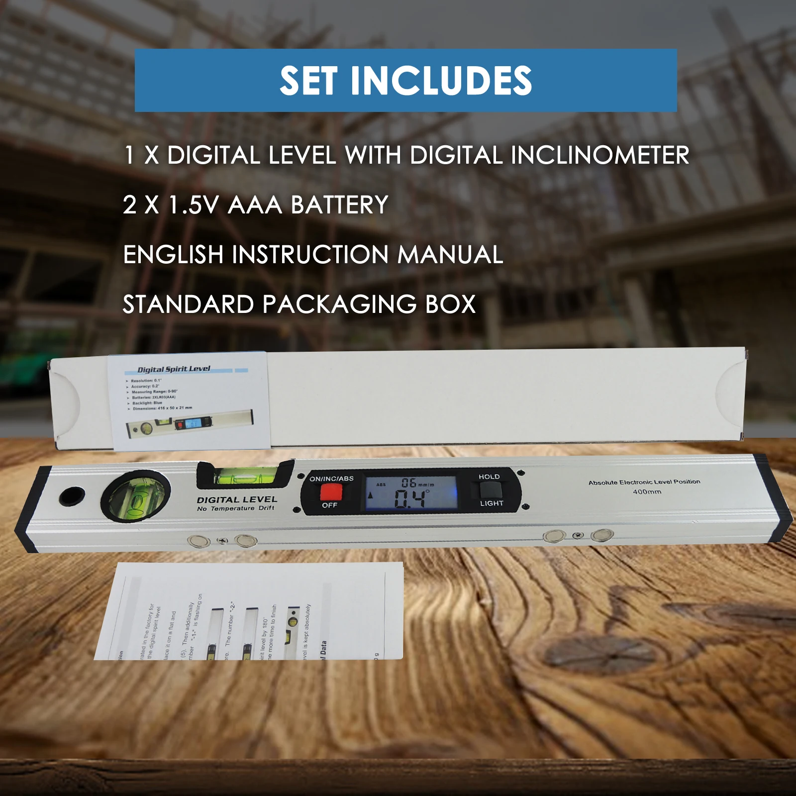 Digital Spirit Level Ruler Angle Finder Inclinometer 360 Degree Range W/ Built-in Strong Magnets - G0182105-JY4