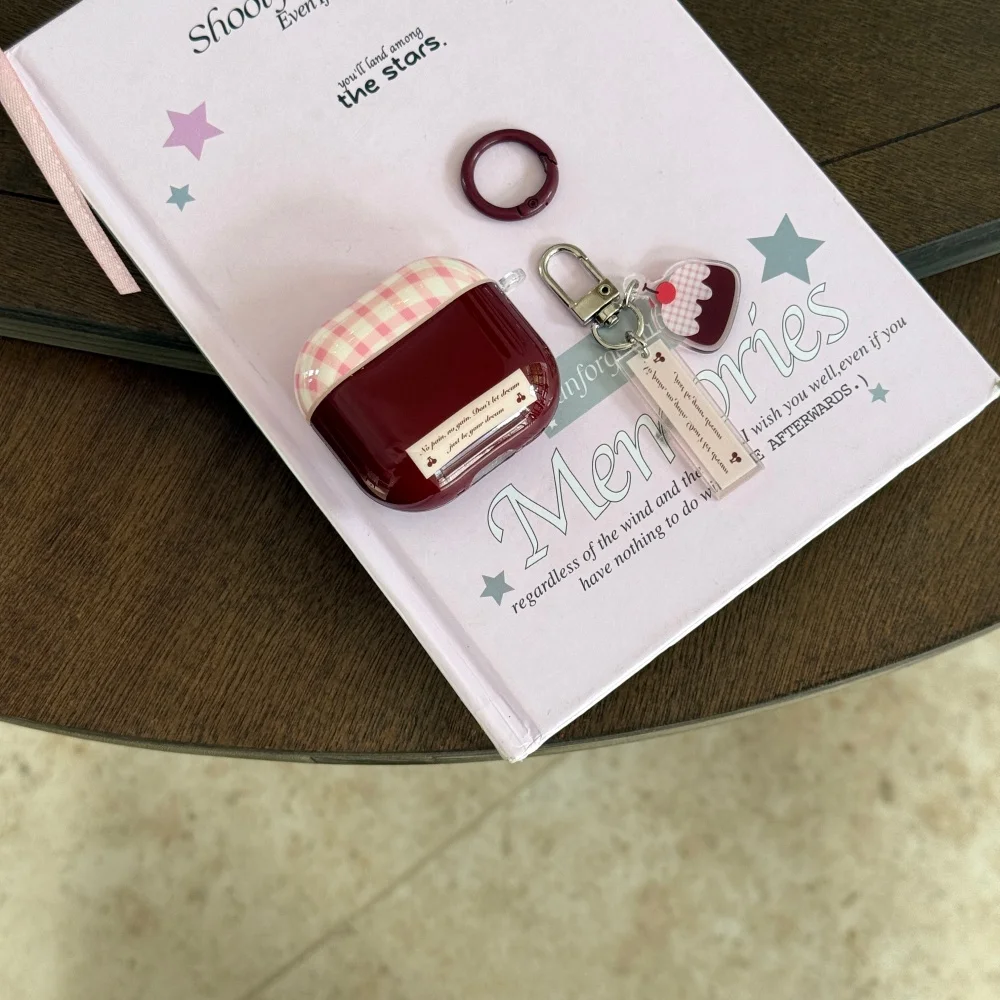 

Cute pink checkered cherry cake headphone protective case, suitable for AirPods 4/3/Pro/2/3, new shockproof protective case