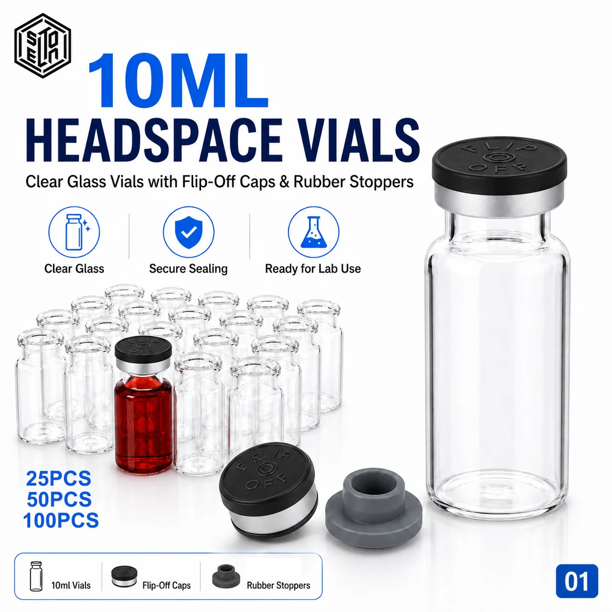 

10ml Clear Headspace Sample Vials with Plastic Aluminum Flip Off Caps and Gray Rubber Stoppers Laboratory Bottles