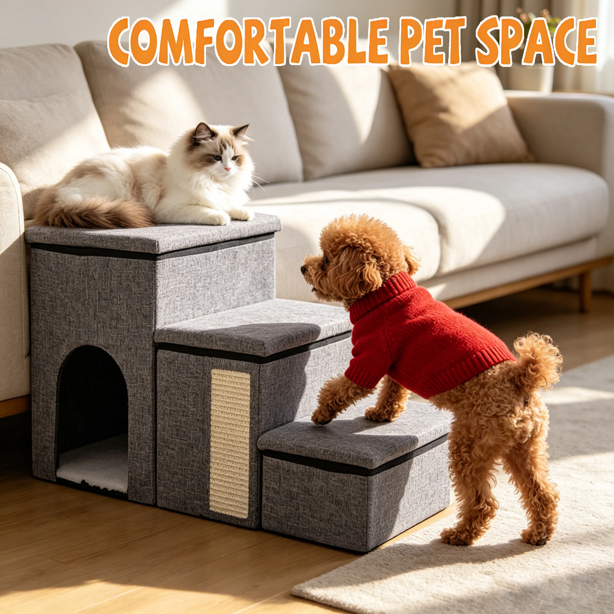 Image of Hundetreppe für Kleine Hunde Faltbare Haustiertreppe 82kg Katzenhaus/Aufbewahrungskombination mit Kratzbaum, Waschbare Stufen für Betten/Sofas