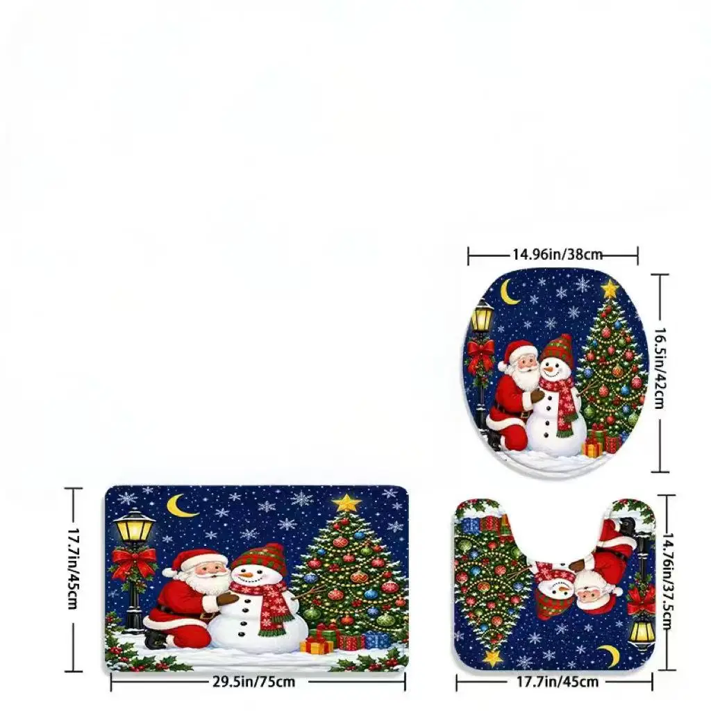 3Pcs Christmas Bathroom Rug Set, Santa Claus Snowman Xmas Tree Moon Snowflake Night Scene Print Non‑Slip Bath Mat, U‑Shaped Contour Rug and Toilet Lid Cover, Festive Winter Holiday Bathroom Floor Decor Mats For Xmas Home Decoration
