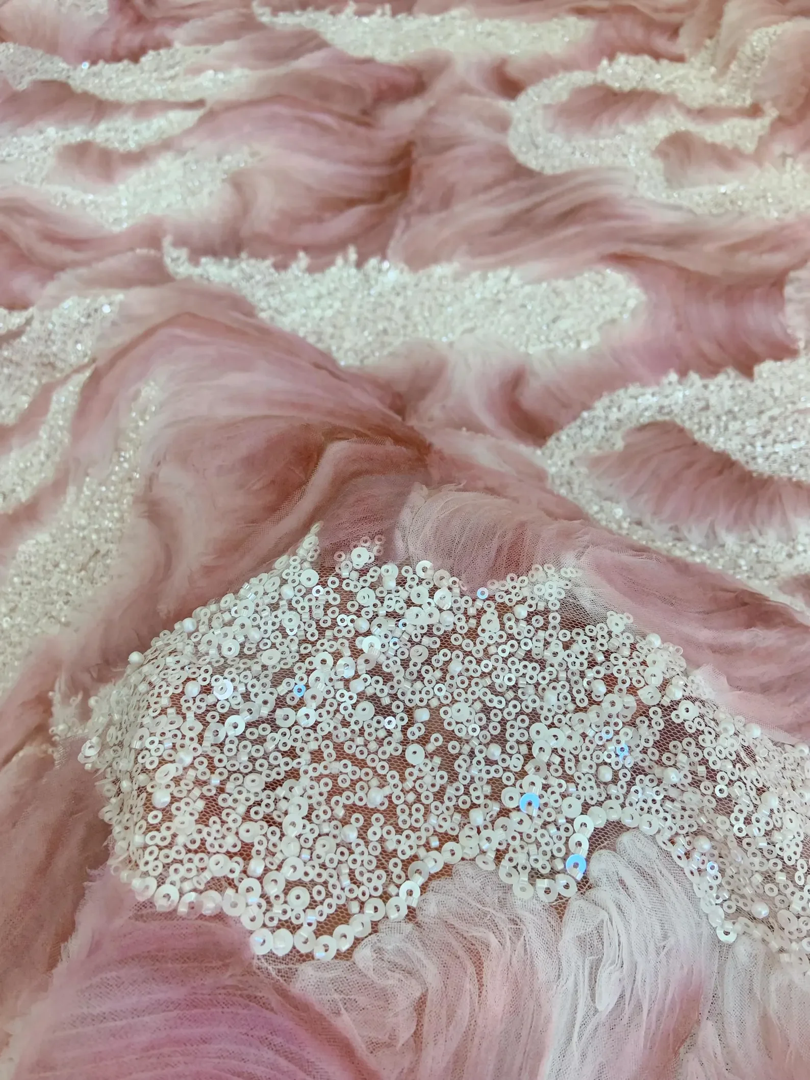 

1 Yard Salmon 3d Coiled Bridal Lace Fabric, Embroidery Sequins Beads fabric for Evening Gown, engagement,