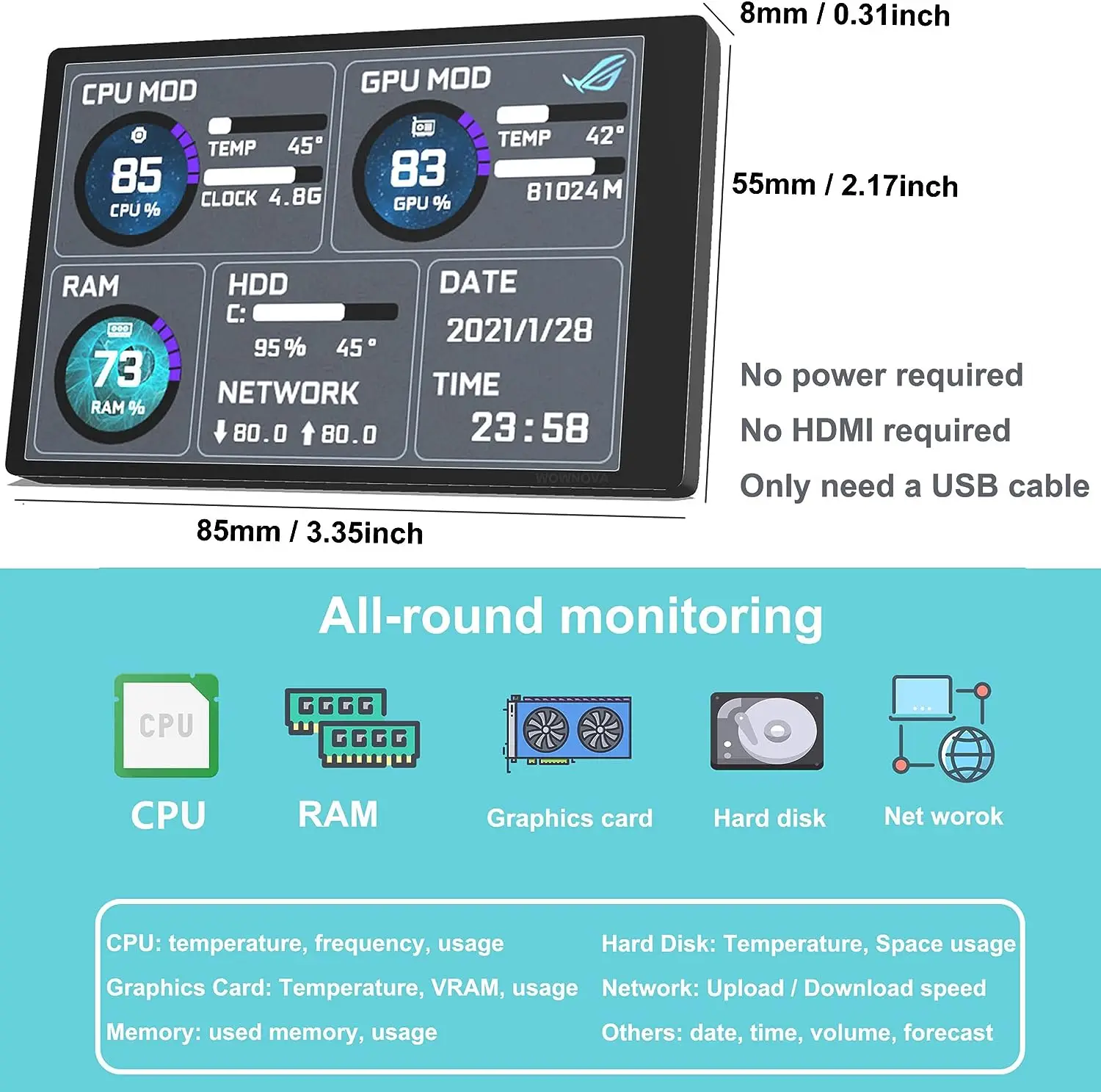 Imagem -05 - Usb Tipo-c Tela Secundária 320x480 Ips Visualização Completa Mini pc Computador Cpu Gpu Ram Monitor Hdd Aida64 Livre 35