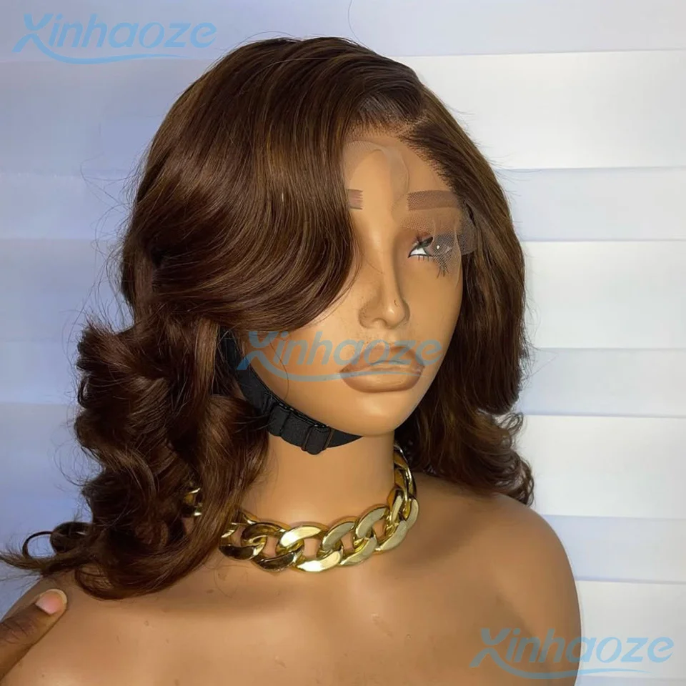 

Left Part Body Wavy Human Hair Short 5x5 Silk Top Closure Wigs Pre Plucked 180% Density #4 Dark Brown 13x6/360 Full Lace Wigs
