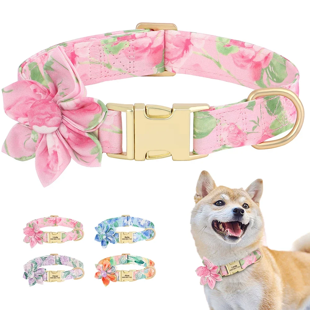 Personal isierte Nylon Hunde halsband bedruckte Hunde halsbänder mit blumen frei graviertem