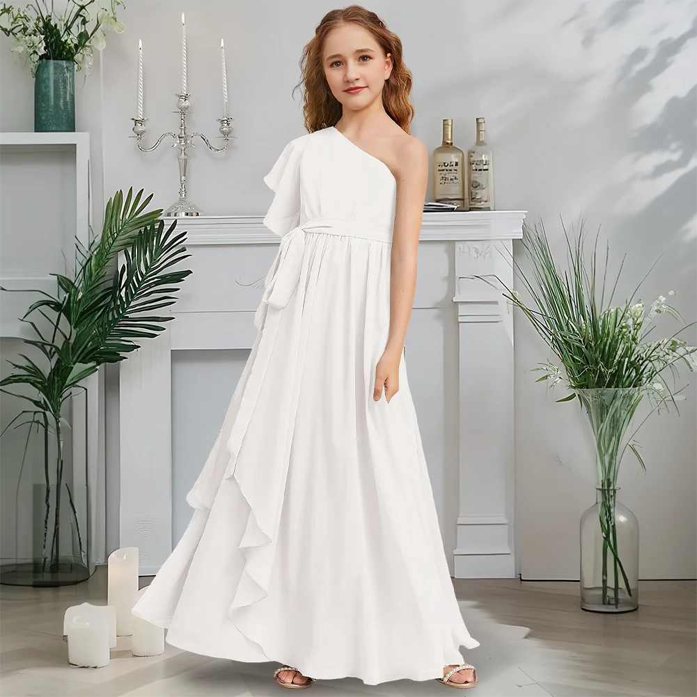 Дизайнерское платье трапециевидной формы для юных подружек невесты, мятное морозовое платье с цветочным узором для девочек, шифоновое платье на одно плечо, садовое гала-танцевальное свадебное платье