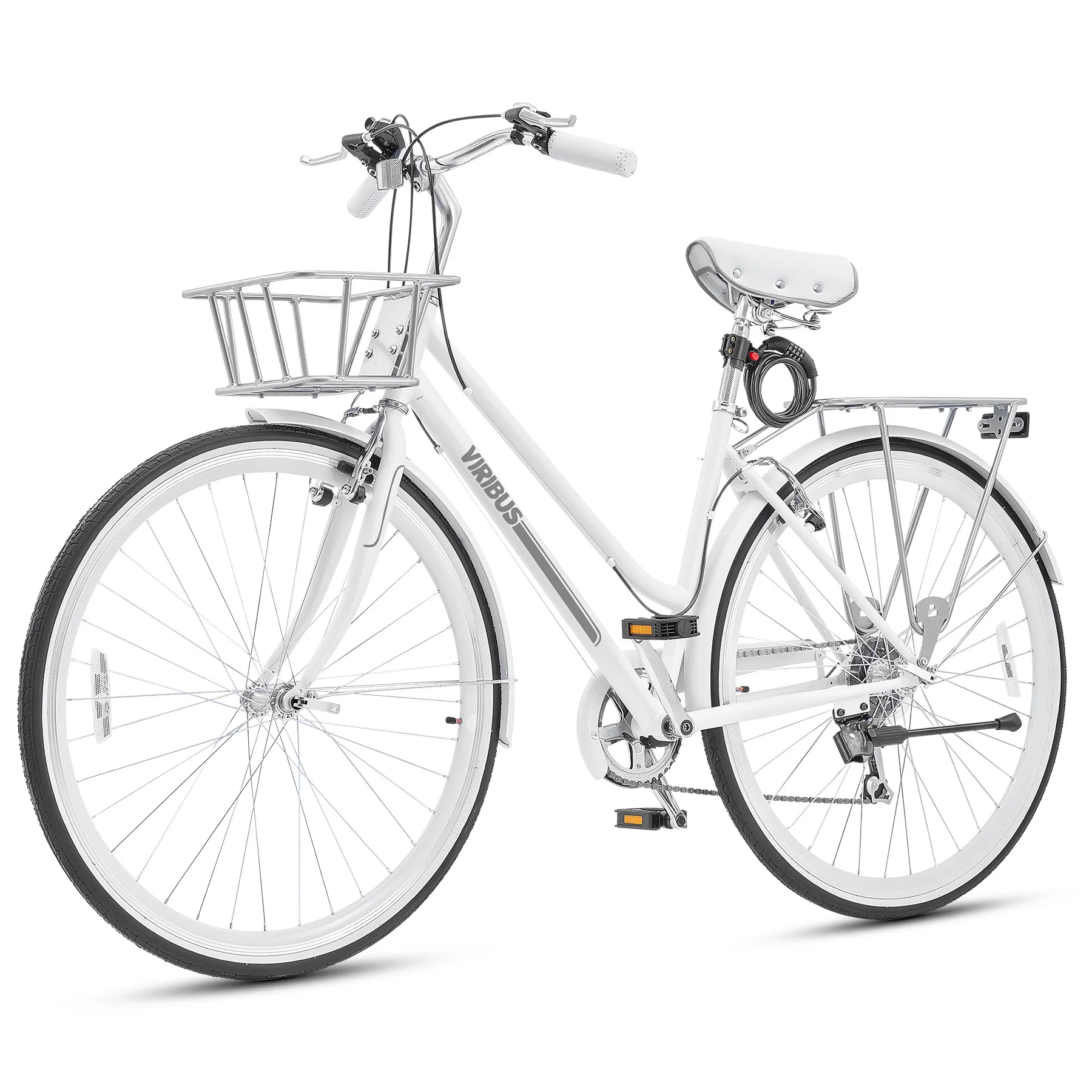 دراجة VIRIBUS Hybrid، دراجة هجينة للبالغين 700c للنساء مع 7 سرعات محرك 28 بوصة عجلة خطوة من خلال الإطار الأمامي والسلة الخلفية #2