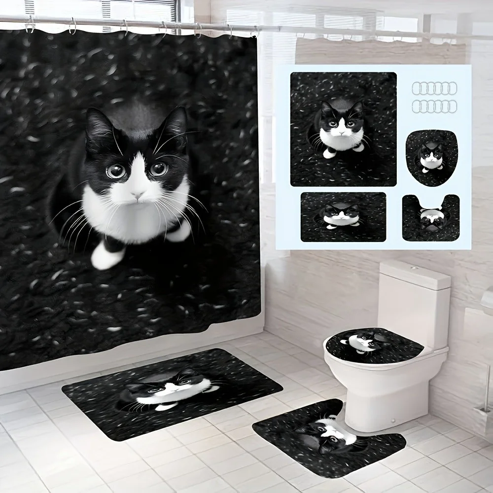 4pcs Cute Black Cat Pattern Shower Curtain Set, Waterproof Shower Curtain With 12 Hooks, Non-slip Carpet, Toilet U-Shape Mat