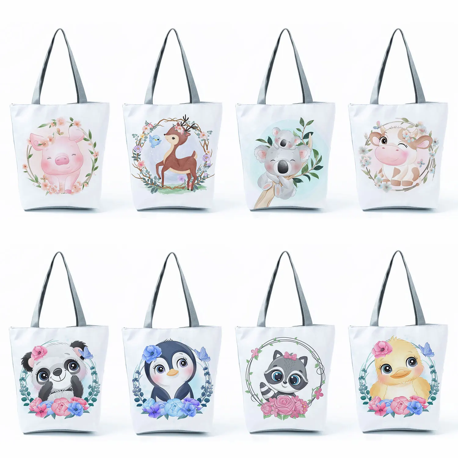 Pig deer pinguim panda tanuki impressão reutilizável tote de alta capacidade bolsas ombro sacos de compras presente bonito floral padrão animal