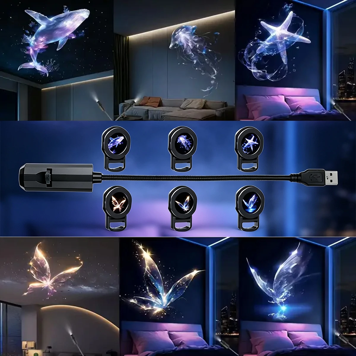 USB Powered Ocean-Themed Projection Whale Butterfly Adjustable Pattern LED Projector Night Light for Halloween Christmas Decor