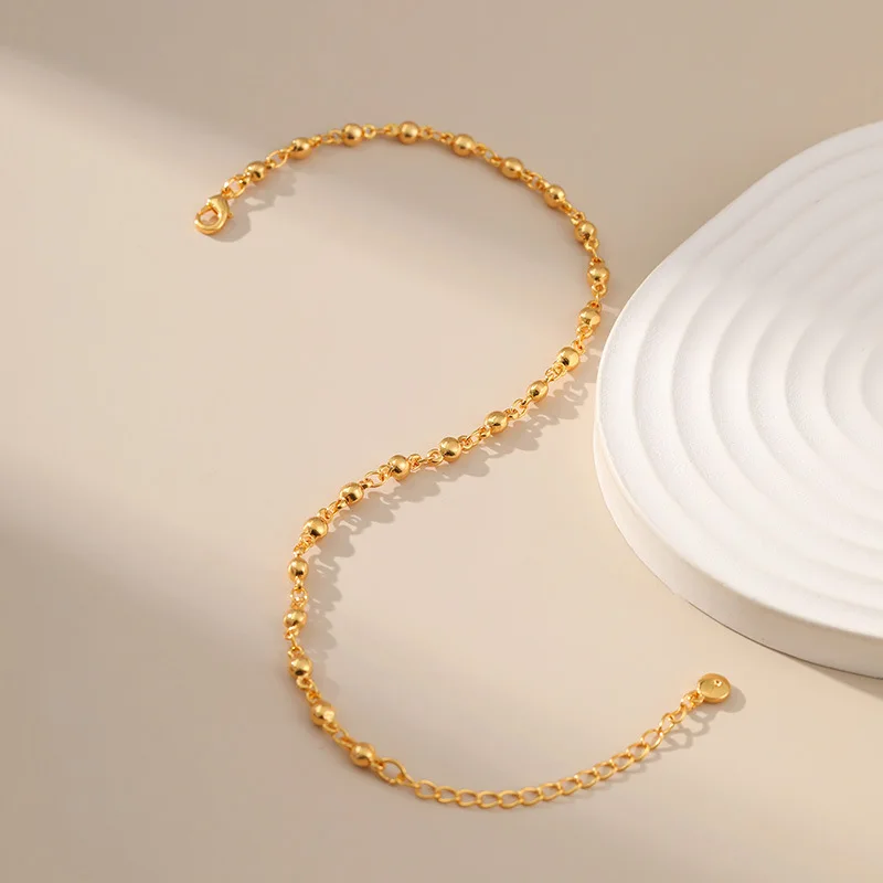 Simple Gold Color Beads Chain Summer Waterproof Metal Women Anklets Fancy 18K Gold Plated European Foot Accessories Nice Jewelry