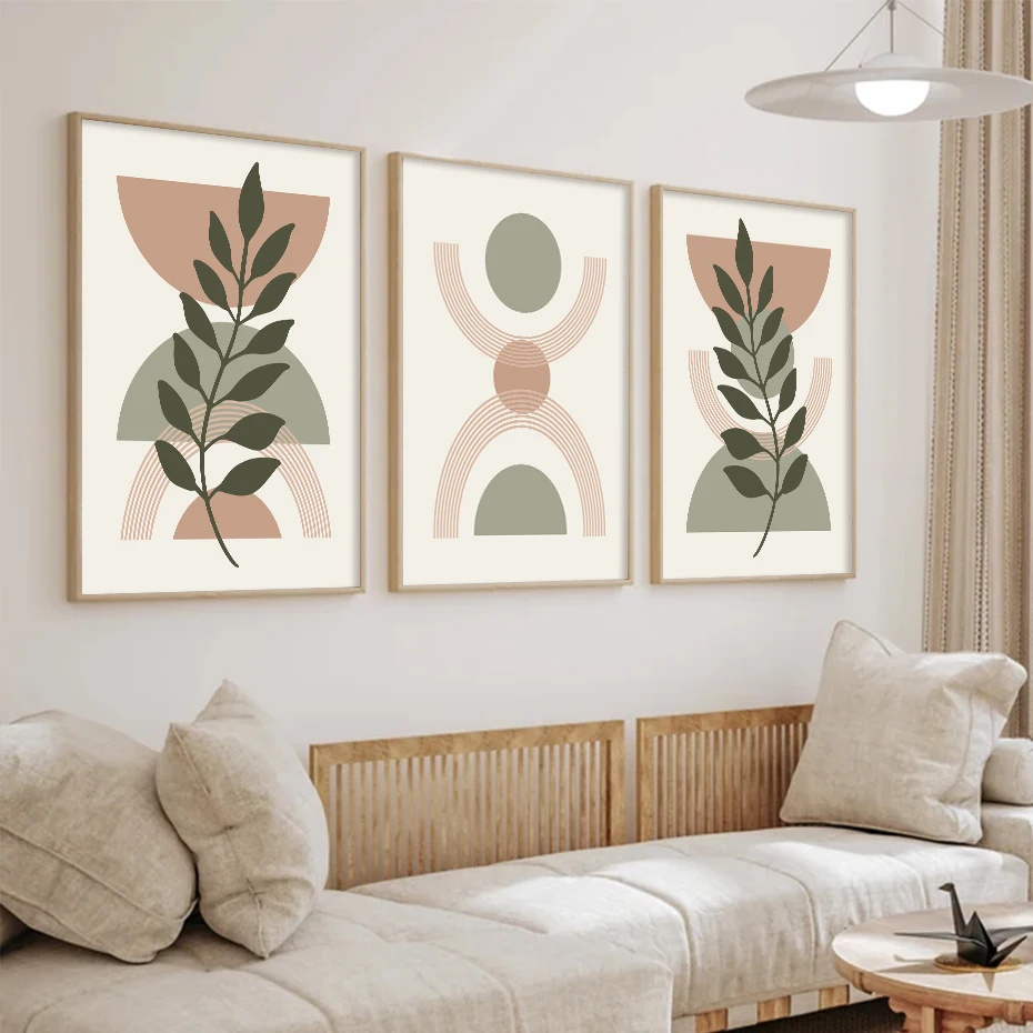 Boho Abstract Orange Green Leaf Semicircle Poster Minimalist Wall Art Print Picture Botanical Canvas Painting Living Room Decor