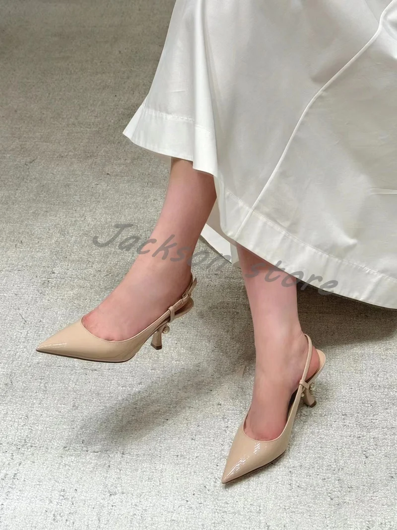 New Arrival Patent Leather Strap Versatile Women Sandals Pointed Toe Fashion Formal High Heel Buckle Slip On Pear Dress Shoes