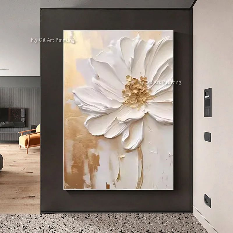 Large Flower Oil Painting on Canvas Hand Painted Abstract Floral Wall Art Minimalist Art White Decor For Living Room Home Decor