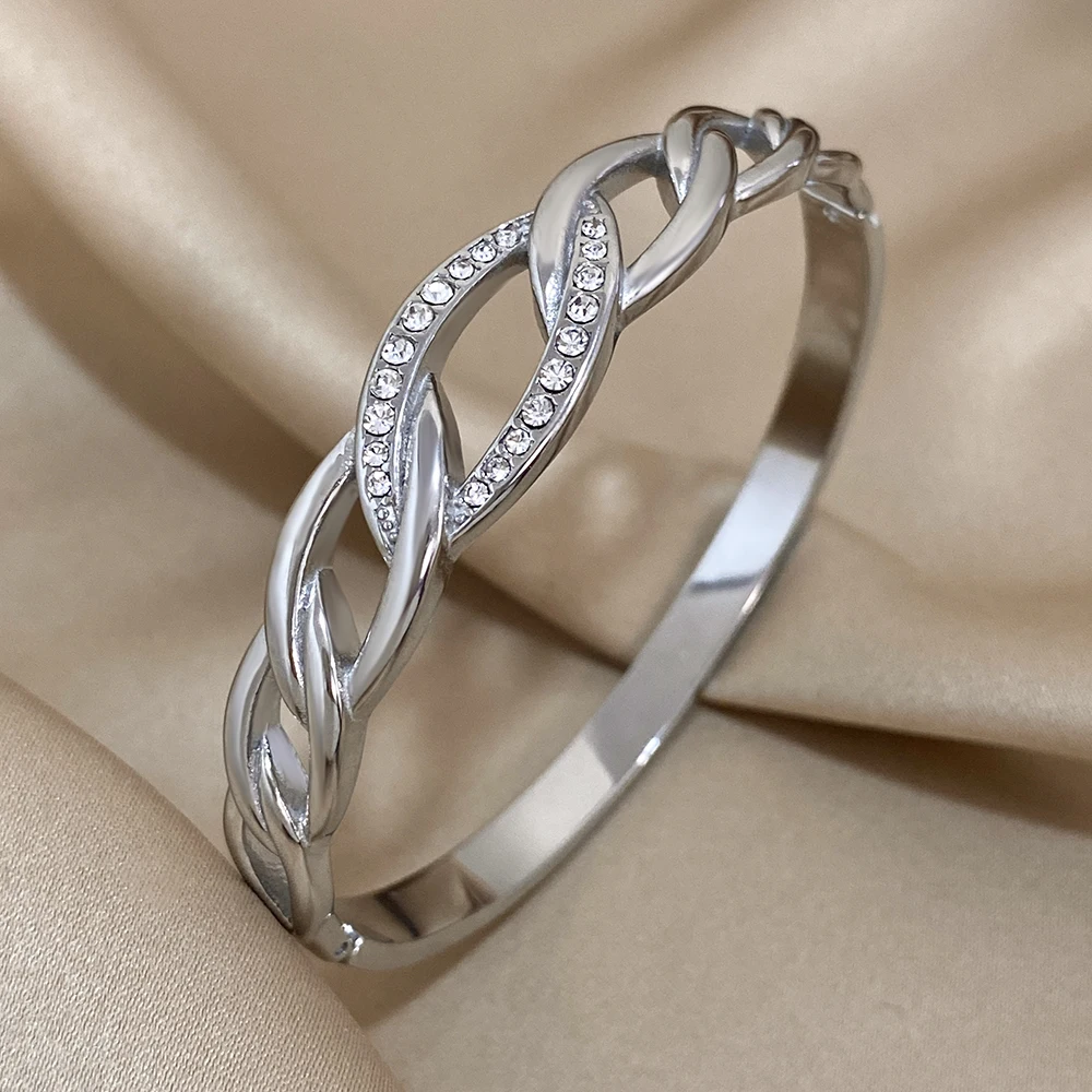 

Freetry Fashion Waterproof Zircon Bangles Stainless Steel Bracelets For Women Hollow Geometry Spring Bangles Hand Ornament Gift