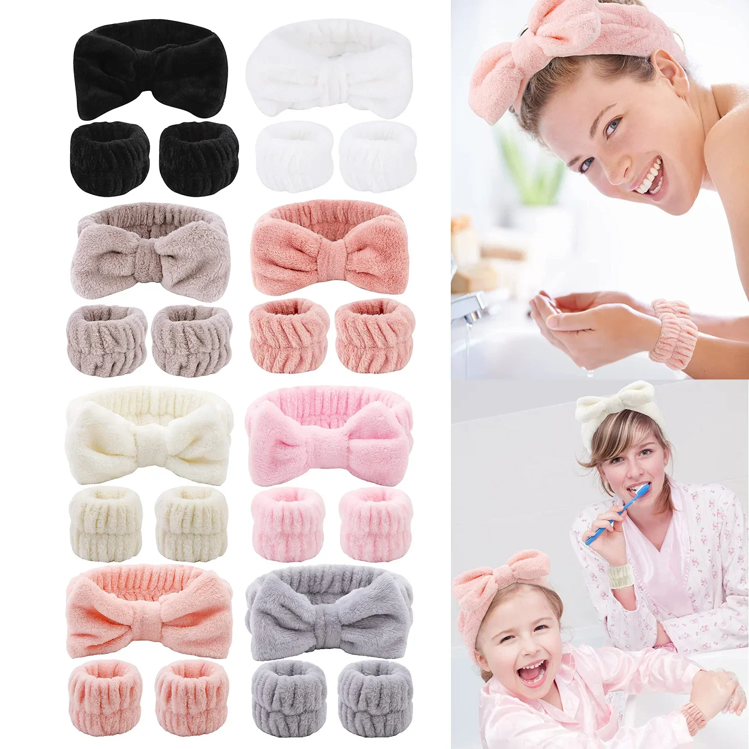 3pcs Face Wash Headband For Women Reusable Spa Wristband Fleece Skincare Bowtie Hair Bands Wrist Cuffs For Makeup Shower Sports