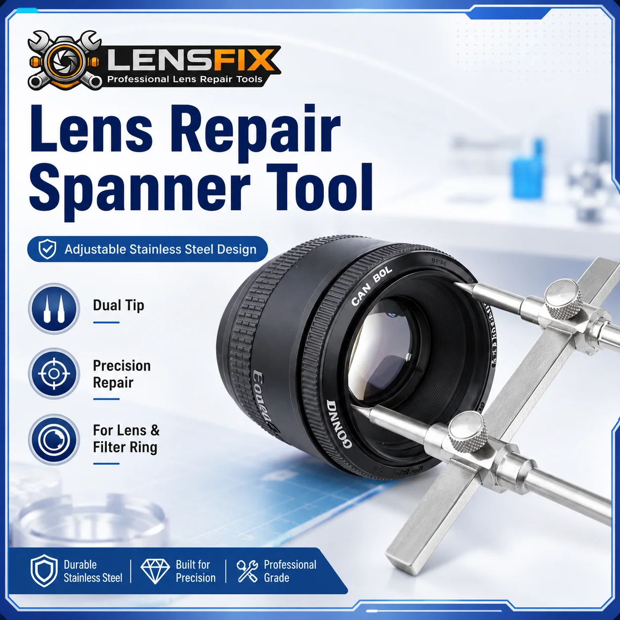 Adjustable 10-125mm Camera Lens Spanner Wrench Dual-Head Stainless Steel Filter Retaining Ring Repair Tool