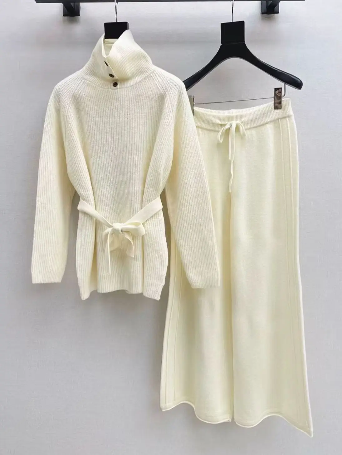 Autumn and Winter High Neck Belt Decorative Sweater and Loose Waist Straight Pants Set