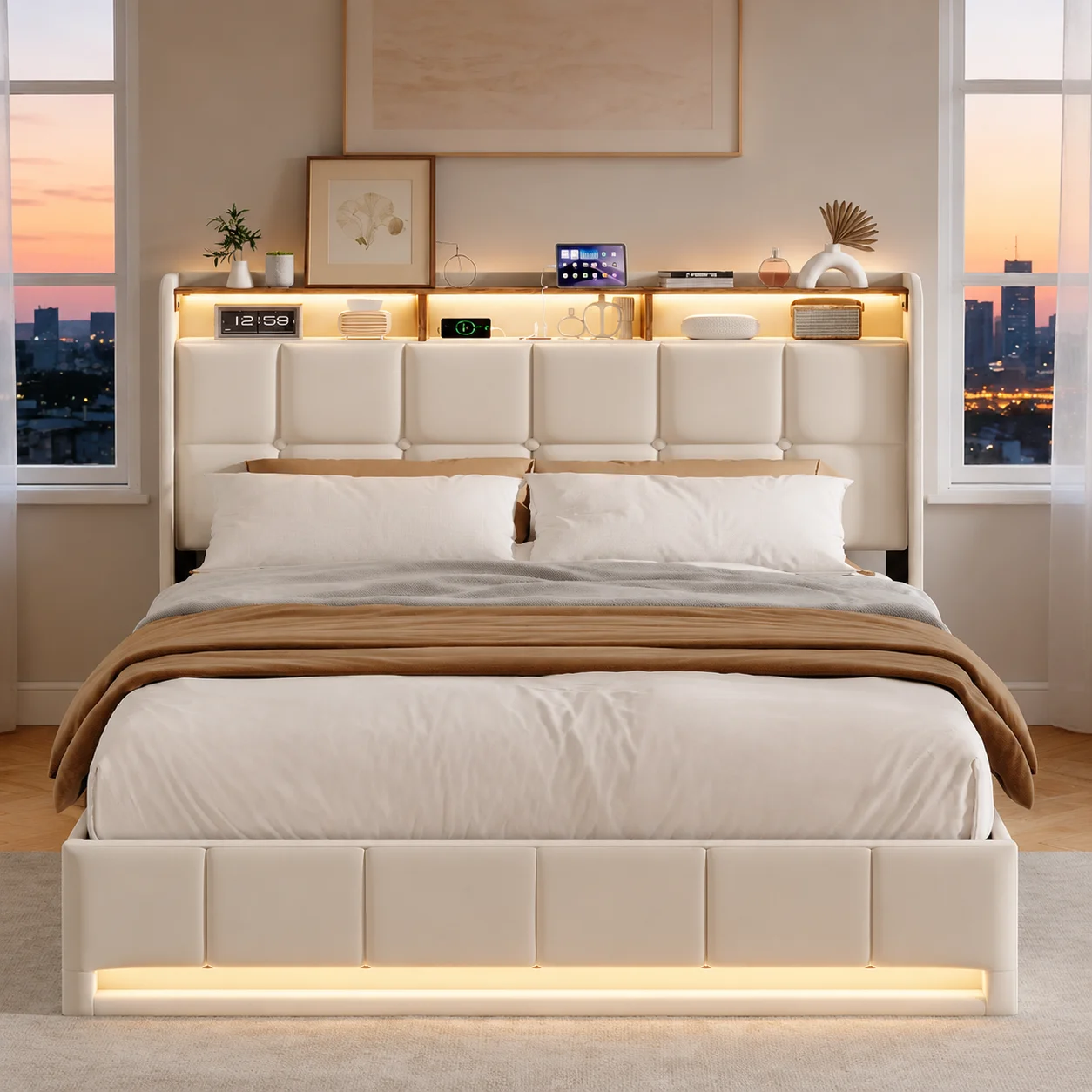 Cama nido con LED y USB, camas dobles tapizadas con almacenamiento, cama hidráulica con base de listones, camas acolchadas con almacenamiento, cama para 2 personas para adultos y adolescentes
