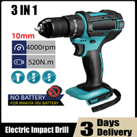 3 IN 1 4000rpm 520N.M Torque Electric Impact Drill 10mm 13mm Chuck Flat Drill Hammer Electric Screwdriver for Makita 18V Battery