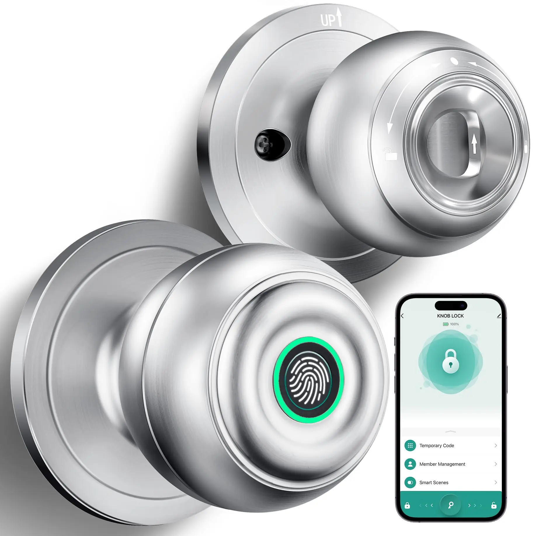 Smart Fingerprint Door Knob with Lock, Biometric Door Lock with App Control & Key