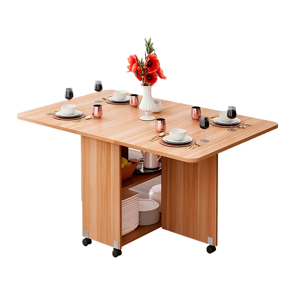 طاولة خشبية قابلة للطي، بلولاندر، 141 * 61 * 72 سم، طاولة طعام مع أرفف تخزين، توفير المساحة، متحركة بعجلات، طاولة خشبية مستطيلة مع أوراق قابلة للطي (خشب)