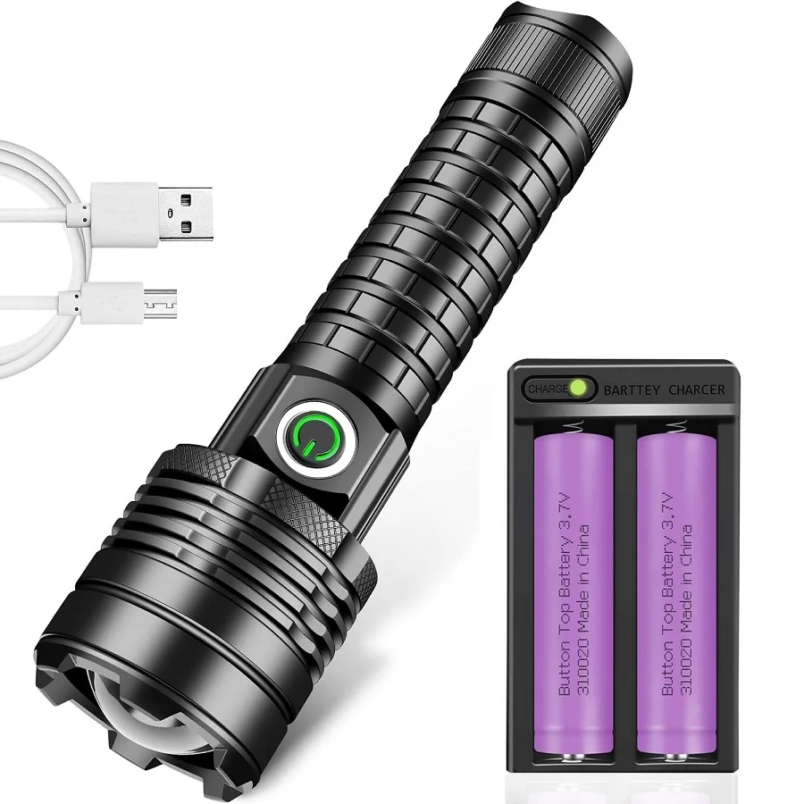 High Lumens LED Flashlight With Dual Charging Slots and 2 Rechargeable Batteries, Torch Lamp Zoomable for Cycling and Camping