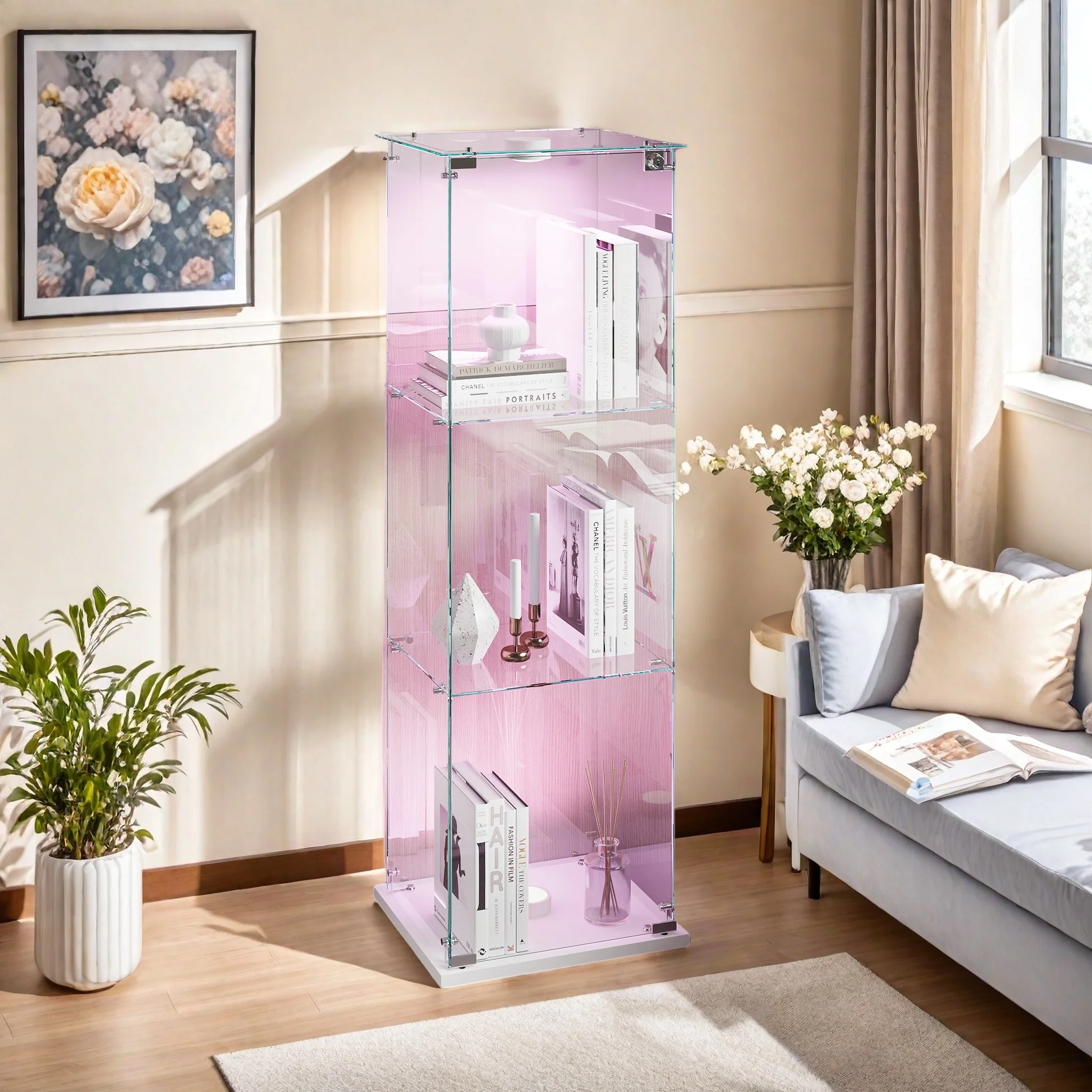 Vitrine en verre LED, armoire vitrine 1 porte, meuble de rangement 3 niveaux, vitrine sur pied pour salon, bureau, collection