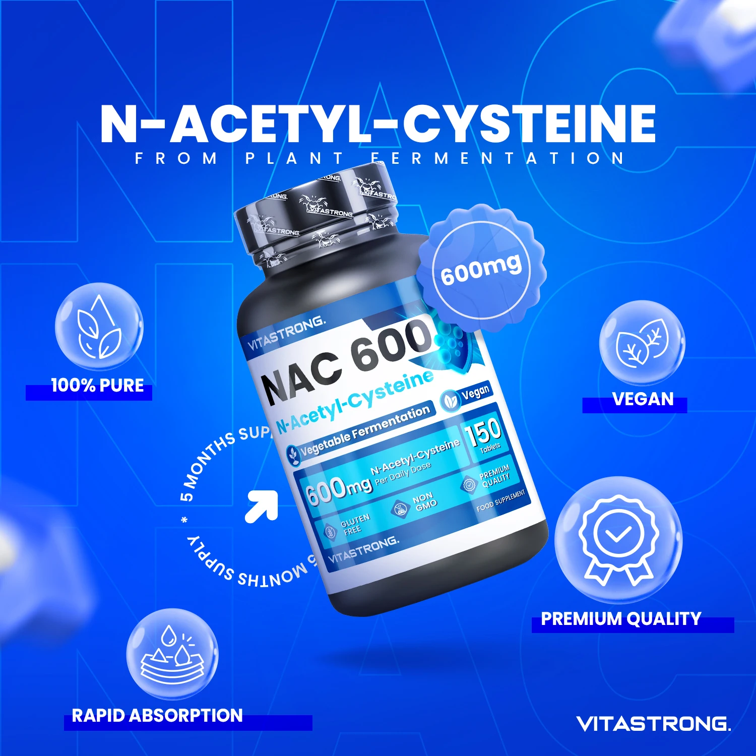 NAC N-Acetyl-Cysteine 600 مجم تخمير نباتي، Glutathione Forerunner، NAC 150 قرص مكمل نباتي Acetylcysteine 600 مجم (1 يوم لمدة 5 أشهر)، جودة ممتازة Vitastrong #2