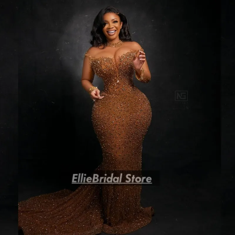 

Luxury Crystal Evening Dresses Long Sleeves High Neck Mermaid Prom Dress Beading Plus Size Wedding Party Gowns Customized