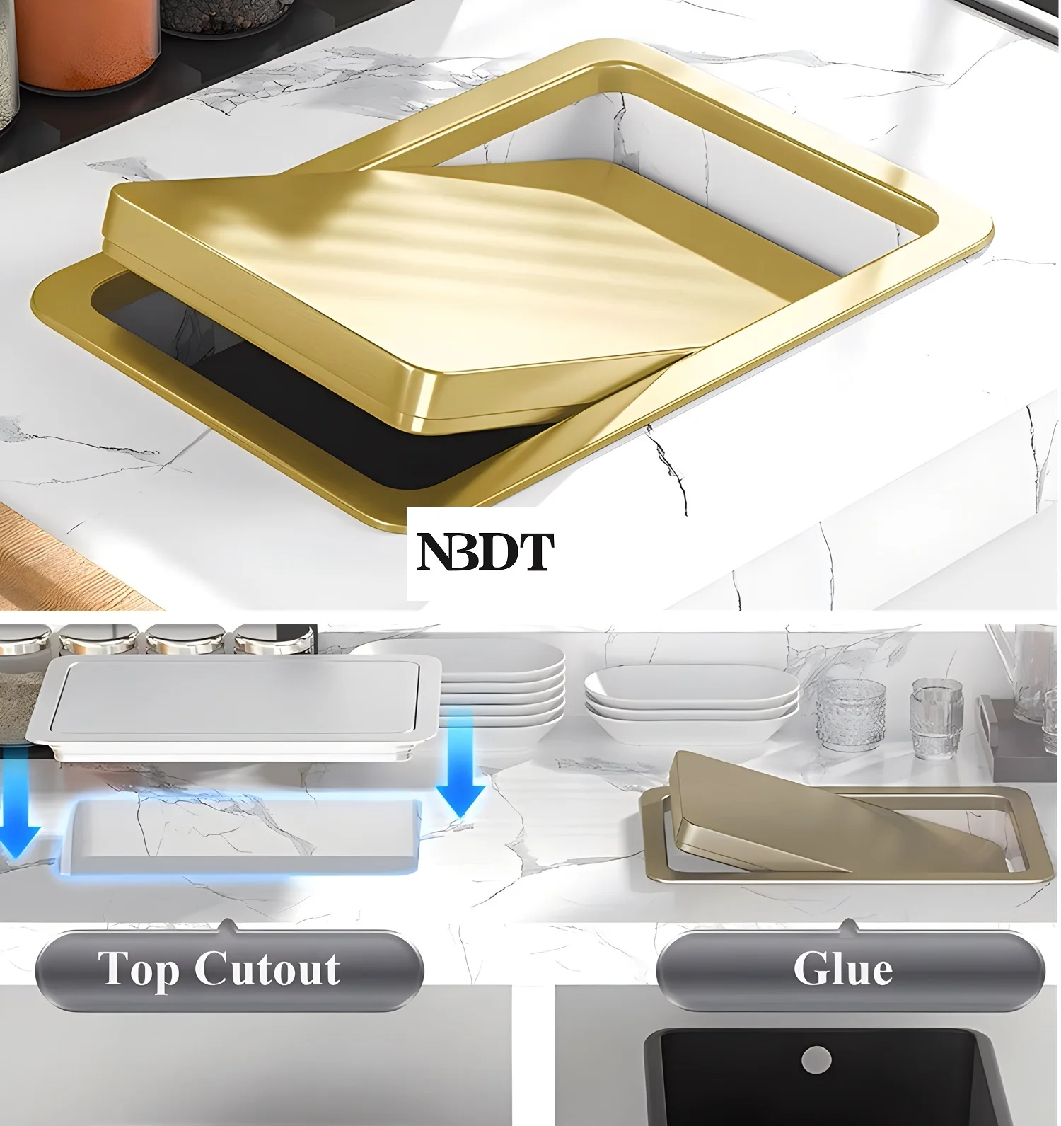 1Piece Stainless Steel Rectangle Countertop Swing Flap Top Lid Cover Gold Grey Copper Bronze