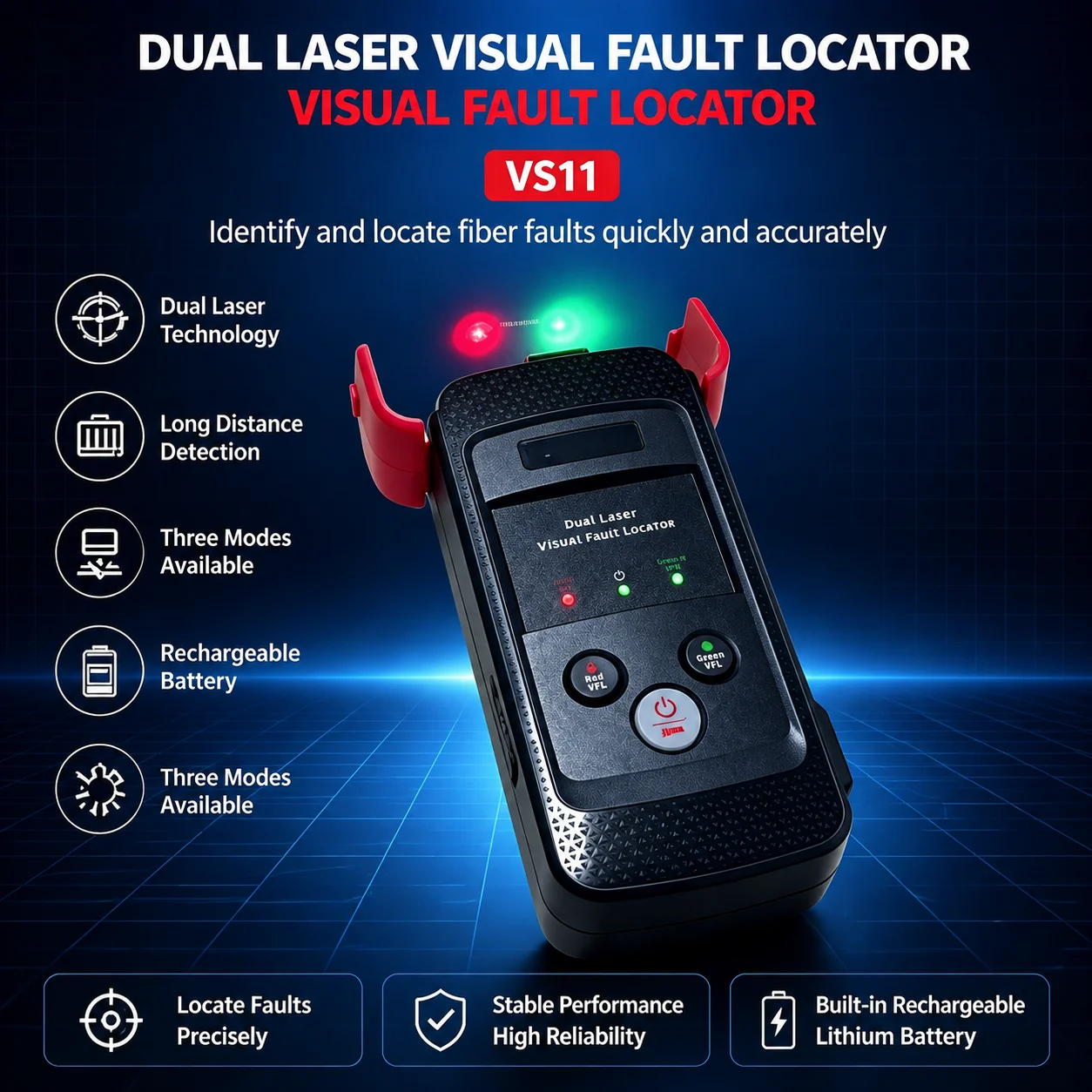 VS11 Dual Laser Visual Fault Locator Red Green VFL Fiber Optic Tester Rechargeable Optical Fiber Fault Detector，ftth