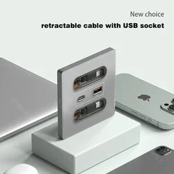 Anssin 12w Universal Wall Panel Socket With Usb-A Usb-C Retractable Charging Cable ,Mobile Phone Tablet Charging Type C Outlet
