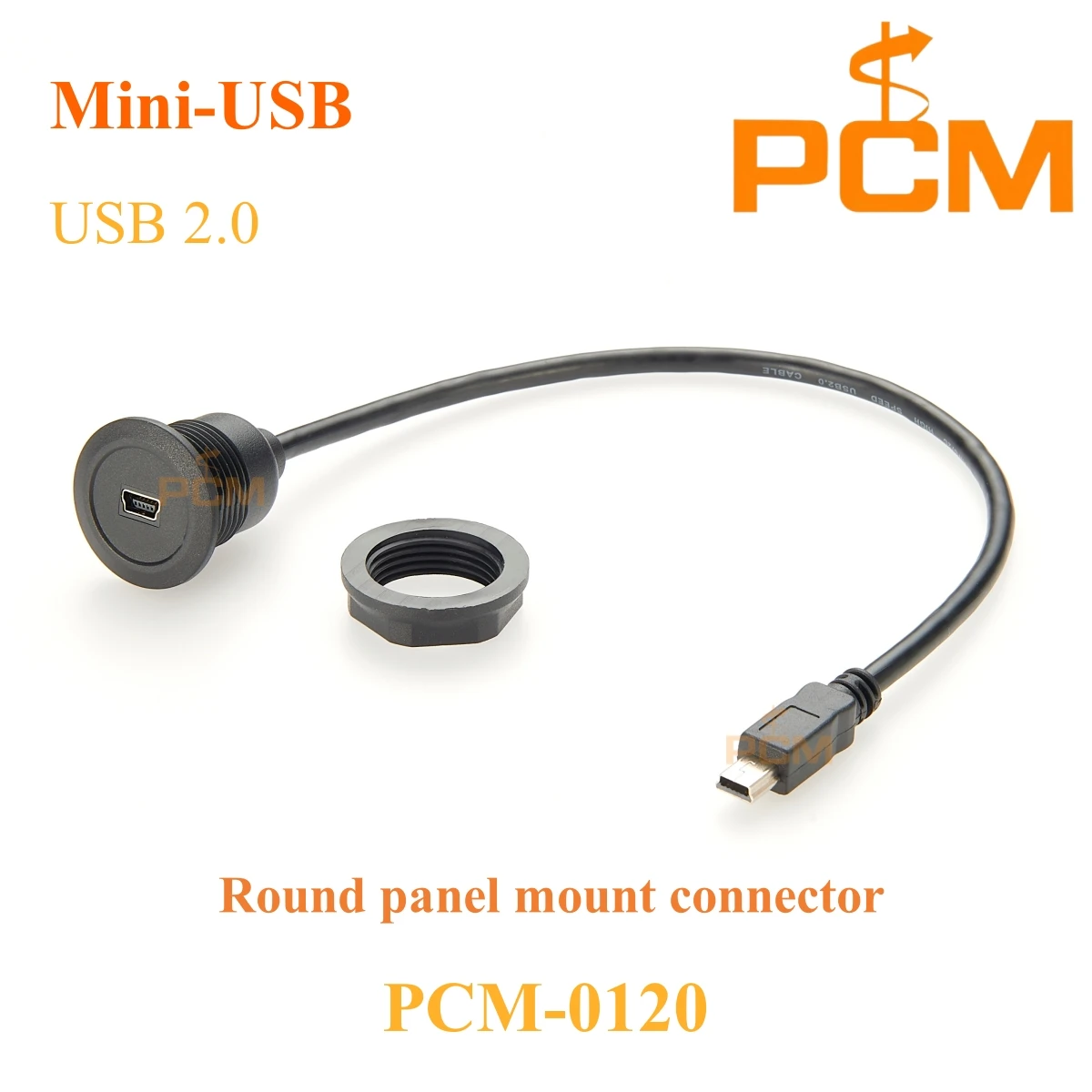 USB 2.0 Mini-USB male to female round panel mount extension cable,front mount and rear lock,for car boat motorcycle dash mount