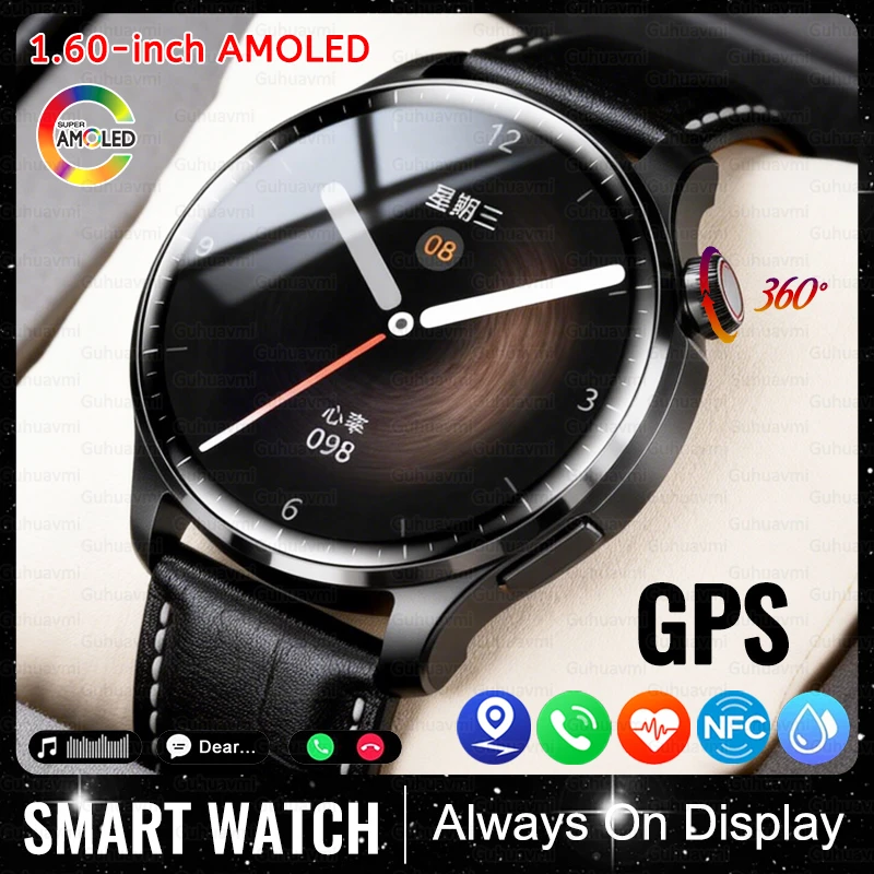 

Новые смарт-часы 2026 года с GPS и NFC для мужчин, 1.60'' AMOLED HD экран, мониторинг сердечного ритма и артериального давления, Bluetooth-звонки, AOD