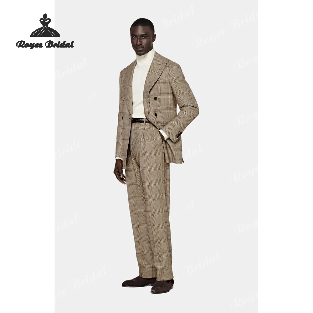 Check Striped Two Piece Double Breasted Men's Suit Wedding 2026 Peak Lapel Formal Evening Suit Customized trajes para hombre