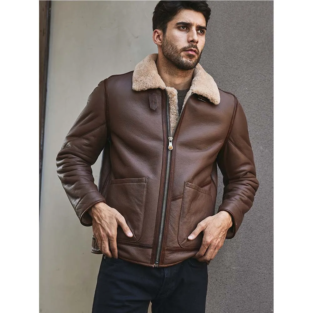 Denny&Dora Mens Brown Shearling Jacket Short Fur Coat Motorcycle Leather Jacket Mens Winter Coat