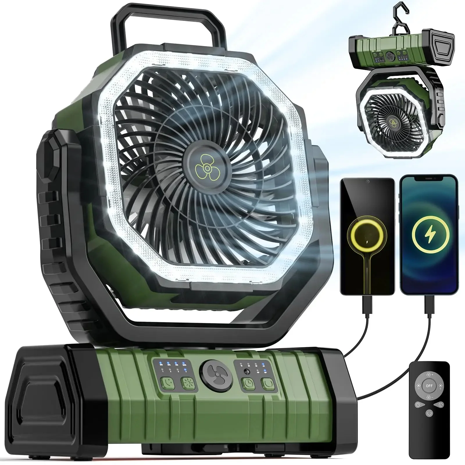Camping-Ventilator, 20.000 mAh, batteriebetriebener Ventilator, wiederaufladbar, mit LED-Licht, tragbarer Outdoor-Zeltventilator mit Aufhängehaken, 4 Geschwindigkeiten, Wind