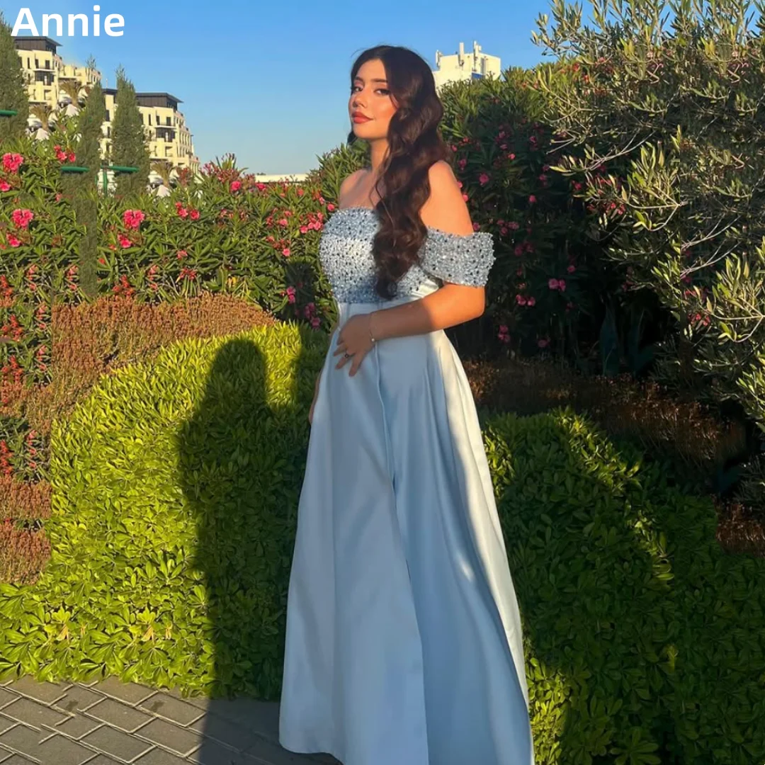 

Annie Light Blue Prom Dresses Satin Glitter Sequins Evening Dresses Off-the-shoulder A-lineSpecial OccasinWedding Party Dresses