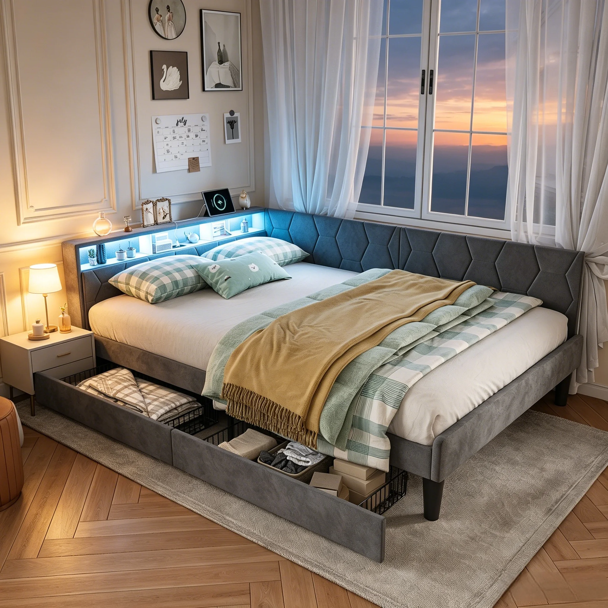 140x200 cm Schlafsofa, gepolstertes Doppelbett mit 2 Stauraum-Schubladen, LED-Beleuchtung und USB/Typ-C-Anschluss; Matratze nicht enthalten, in zwei Modi umwandelbar, grau