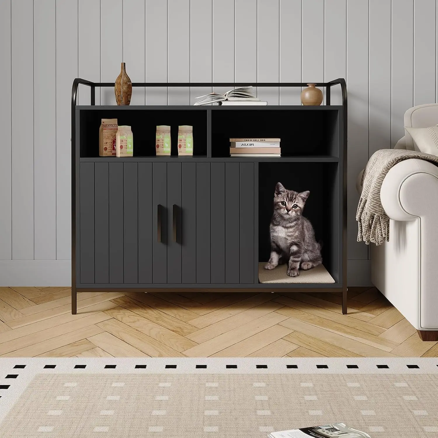Recinto per lettiera, lettiera nascosta integrata in un mobile con 2 scomparti, tappetino antigraffio, armadio a doppia porta, ingresso frontale, elegante struttura in metallo, toilette per gatti,