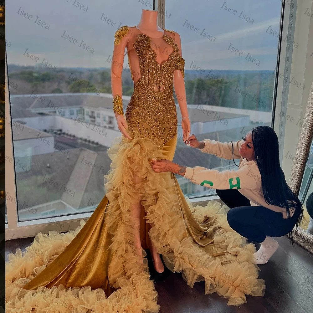 

Gold Long Prom Dress For Black Girls Rhinestones Bead Diamonds Ruffles High Slit African Birthday Party Evening Gown Customized