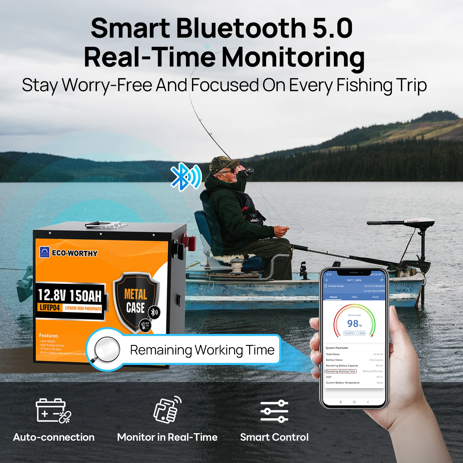 ECO-WORTHY 12V 150AH Bluetooth LiFePO4 Lithium Battery with Low Temperature Protection, Built-in 120A BMS, Perfect for Trolling image 7