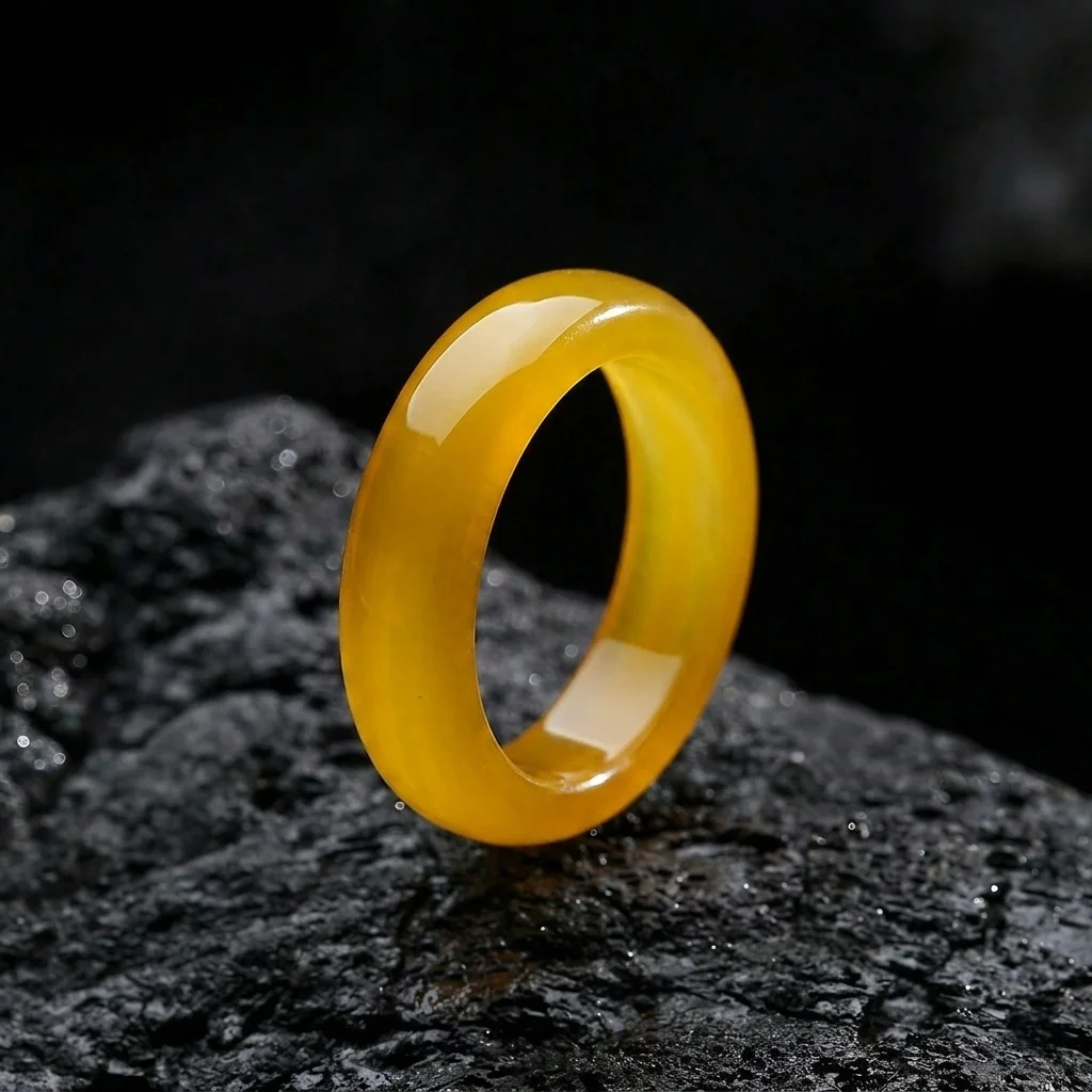 6mm Natural Yellow Agate Gemstone Rings for Women Elegant Plain Jade  Band Ring Fengshui Lucky Jewelry Gift US Size 6-9
