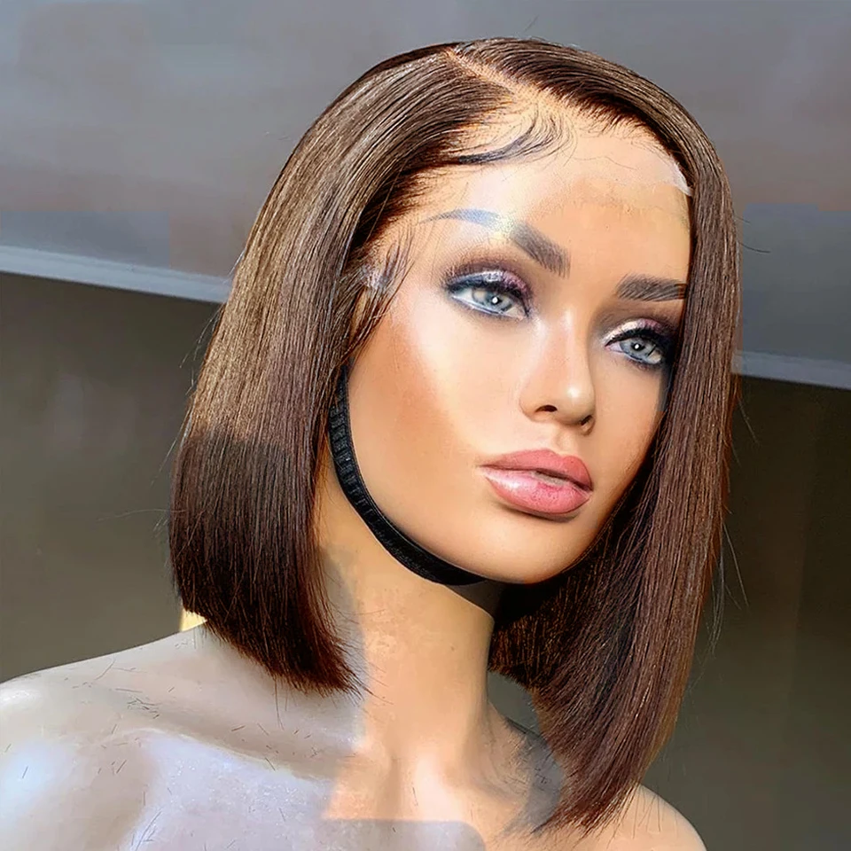 

Парик с кружевной вставкой 13x4, прямые шелковистые волосы, короткий боб, темно-коричневый, из натуральных человеческих волос, HD-кружево, для чернокожих женщин, плотность 200%