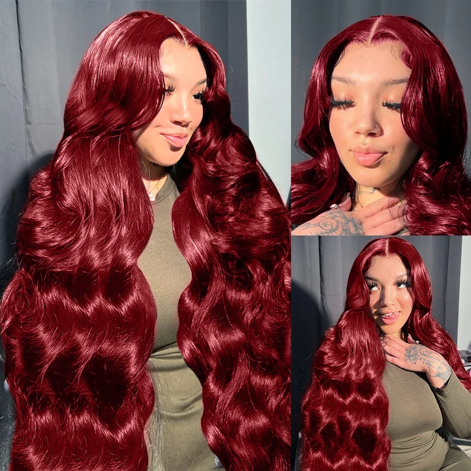 Ketebalan 250 99J merah anggur tubuh gelombang 13x4 Wig tanpa lem rambut manusia Wig siap untuk dipakai 7x5 renda Frontal Wig sebelum dipotong tanpa lem untuk wanita