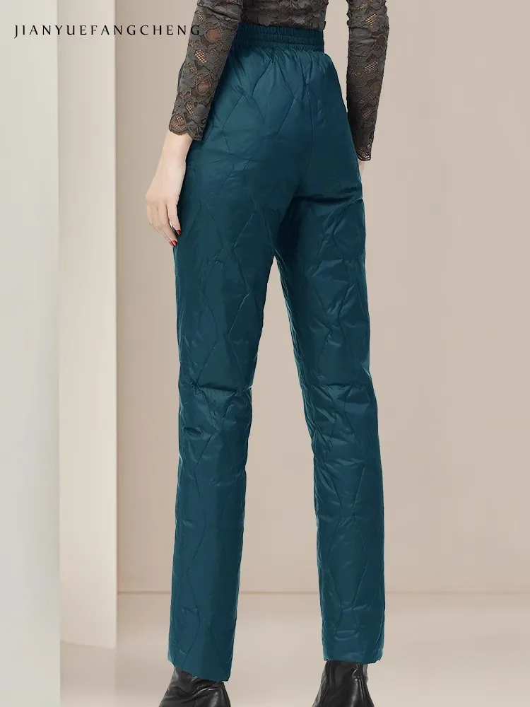 أزياء المرأة أسفل سروال رصاص لفصل الشتاء مرونة الخصر الدافئة سميكة بطة بيضاء أسفل مبطن السراويل الطويلة مع جيوب