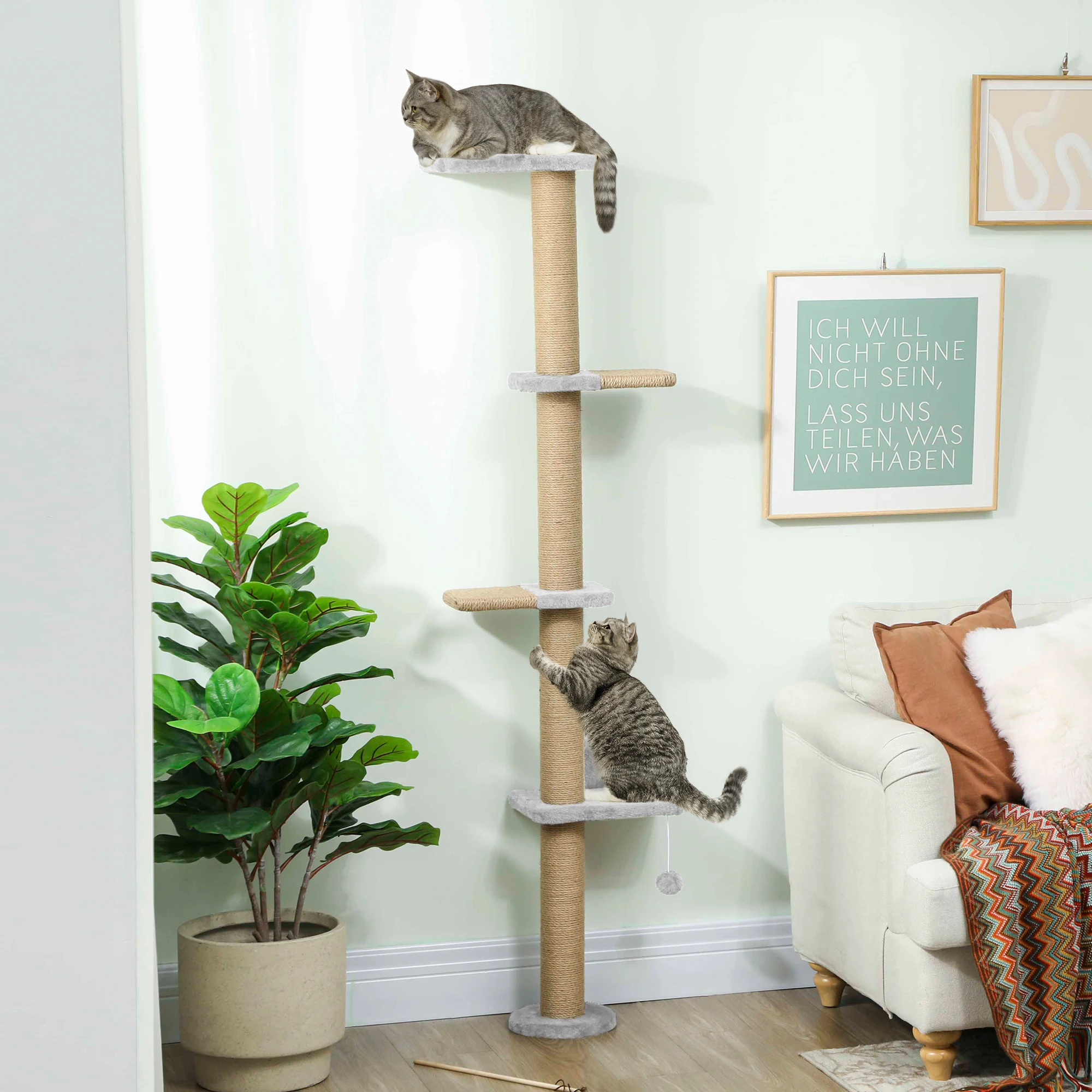 Katzenbaum Katzenturm 5-stufiger Sisal-Kratzbaum mit Katzenbett, Liegeflächen, hängendem Ballspielzeug, Plüschbezug, Indoor-Haustiermöbel, Katzenzubehör